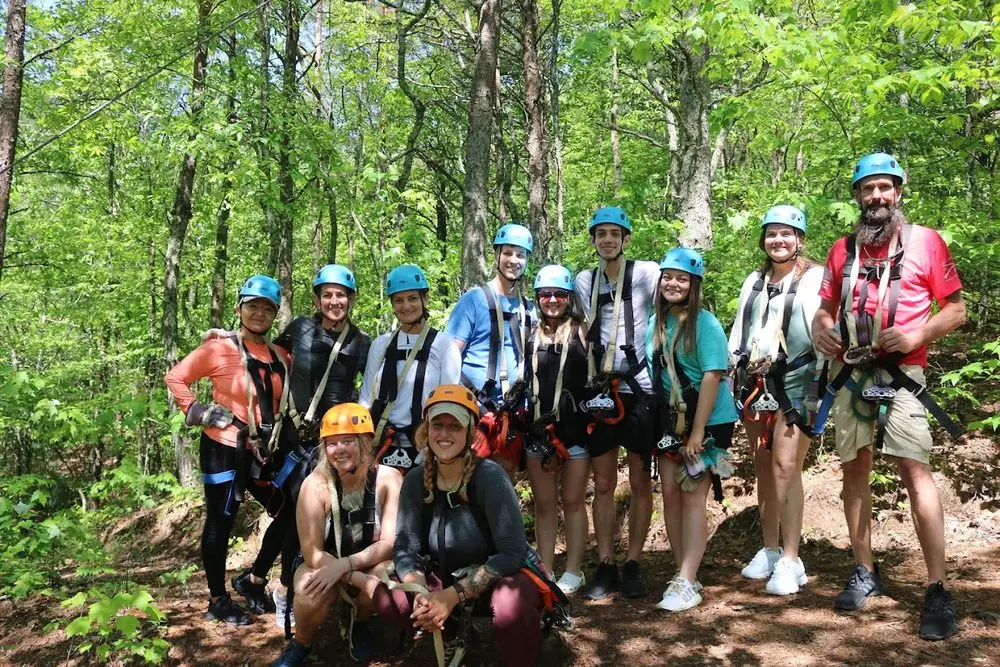 A big group ready for the Ocoee zipline canopy tour