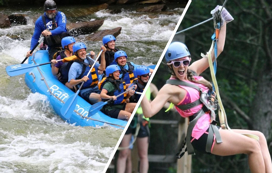 A guided raft powering through Ocoee whitewater, beside a smiling guest flying the zipline canopy tour